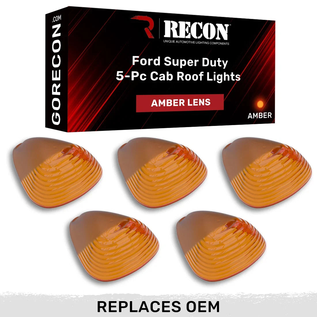 Recon Lighting Ford 99-16 Superduty 5-Piece Set Amber Cab Roof Light Lenses Only and Amber Xenon Bulbs 264142AM