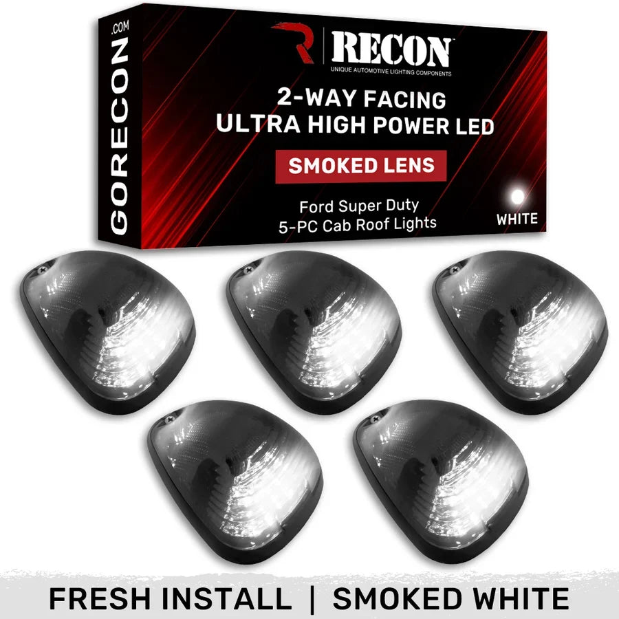 Recon Lighting Ford 99-16 Superduty 5-Piece Set Smoked Cab Roof Light Lens with 2-Way Forward and Rear Facing White ULTRA High-Power LEDs - Complete Wiring Kit Sold Separately 264143BKHPWH