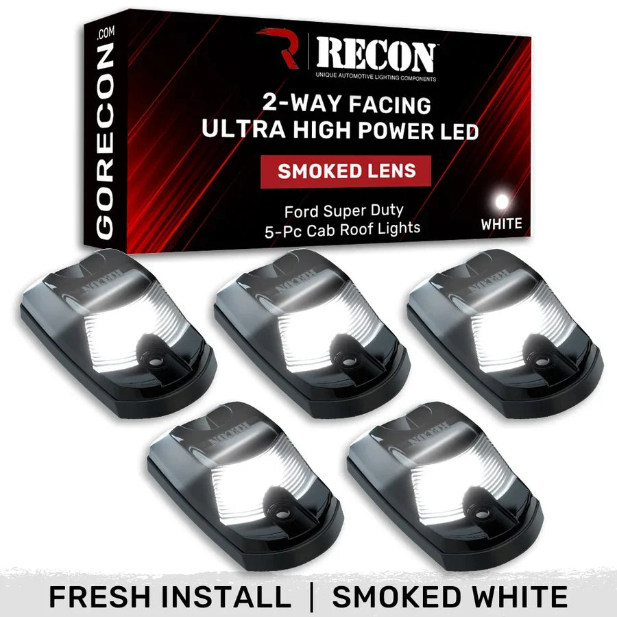 Recon Lighting Ford 17-25 Superduty 5-Piece Smoked Cab Roof Light Lens w 2-Way White HP LEDs - Fresh Install Kit for Non-OEM Trucks - Complete w Screws and Wiring Harness 264342BKHPWH