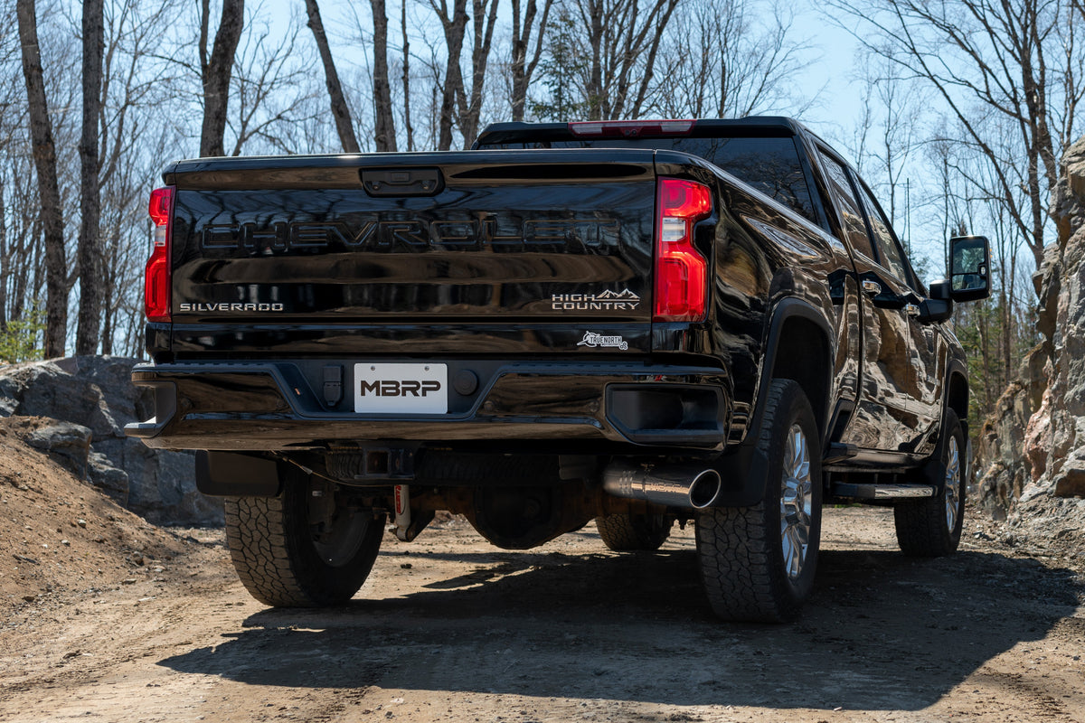 MBRP 2020 2026 Chevrolet GMC 2500 3500 6.6L Duramax EC CC Models Only T304 Stainless Steel 4 Filter Back Single Side Exit S6059304