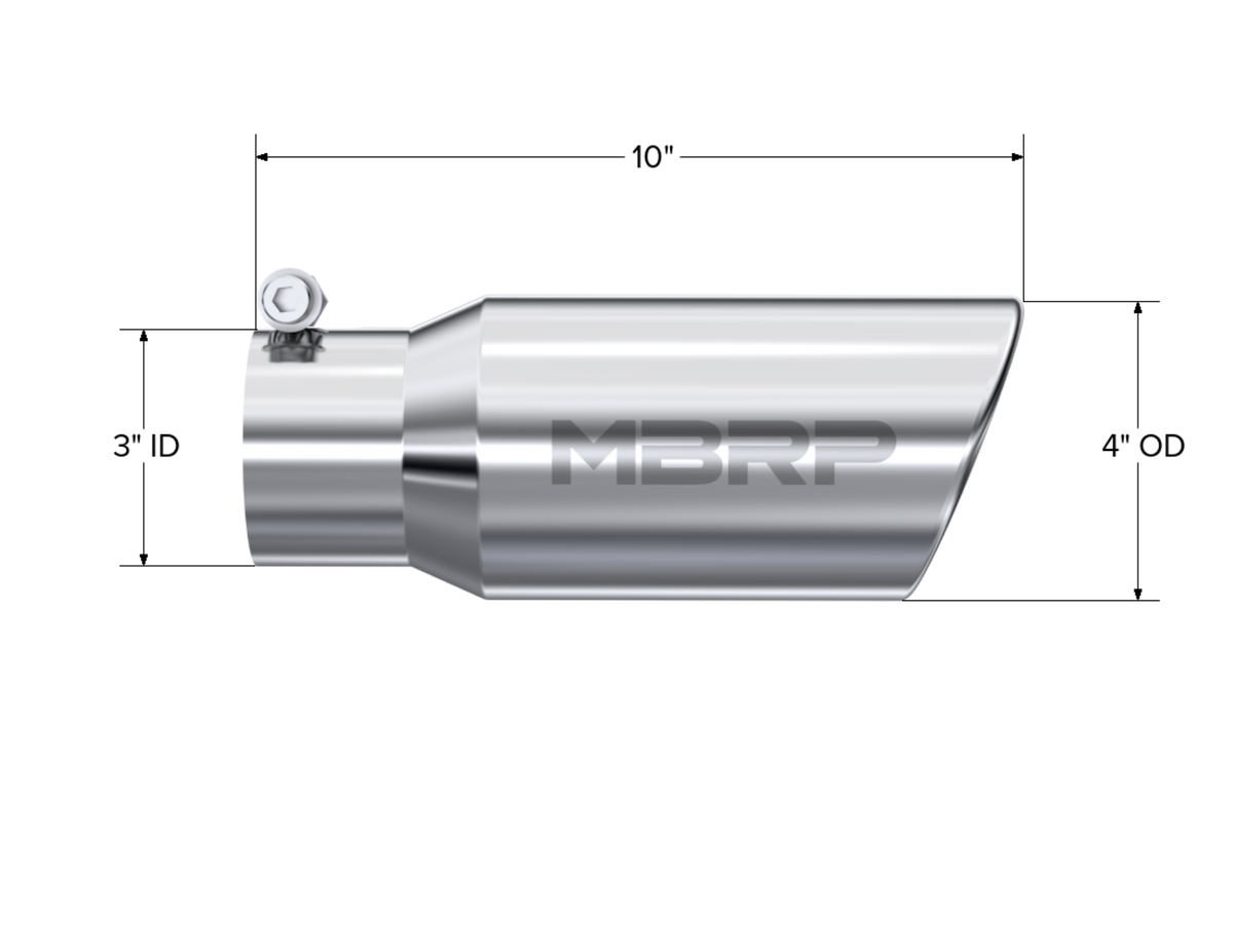 MBRP T304 Stainless Steel Tip; 4 OD; Angled Cut Rolled End; 3 inlet; 10 length T5155