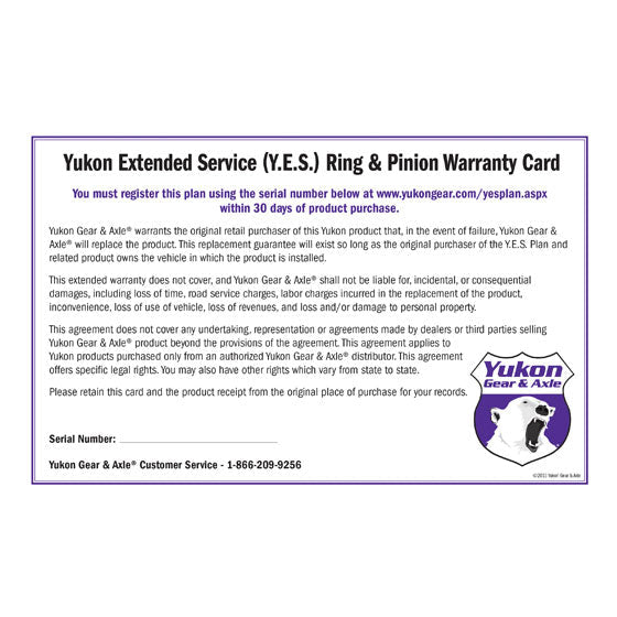 Yukon Gear and Axle Yukon Extended Service (YES) Plan Warranty for Yukon Ring and Pinion Sets YESRP